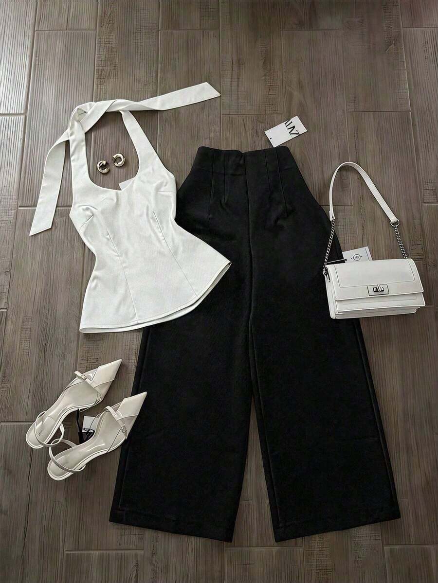 Conjunto de 2 piezas de top halter sin espalda y pantalones con estampado de lunares para mujer - Multicolor 5 - Ver 1