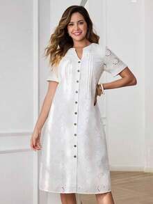 Vestido casual diario de encaje y parches para mujer, primavera y verano - Blanco - Ver 7