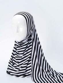 1pc Soft Solid Color Headscarf, Blend Plain Long Scarf, Knitted Hijab, Travel Essential, Beach Towel - Black and White - View 3