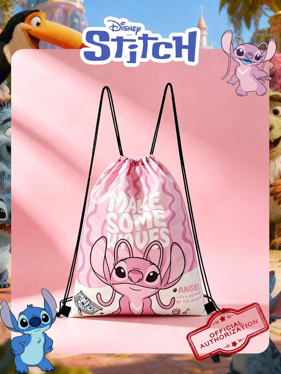1 chiếc balo dây rút in hình Stitch/Thiên thần được Disney ủy quyền, chất liệu nylon nhẹ, thích hợp cho thể thao, du lịch, tập gym, phụ kiện thời trang, phù hợp cho bé gái/thiếu niên/người trẻ tuổi, đi học, chơi thể thao, du lịch và sử dụng hàng ngày. - Hồng - Xem 1