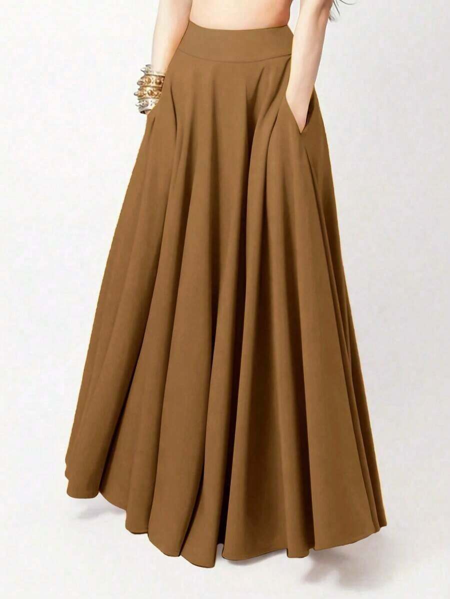 Falda larga casual de unicolor con bolsillos laterales, primavera negro - Camel - Ver 1