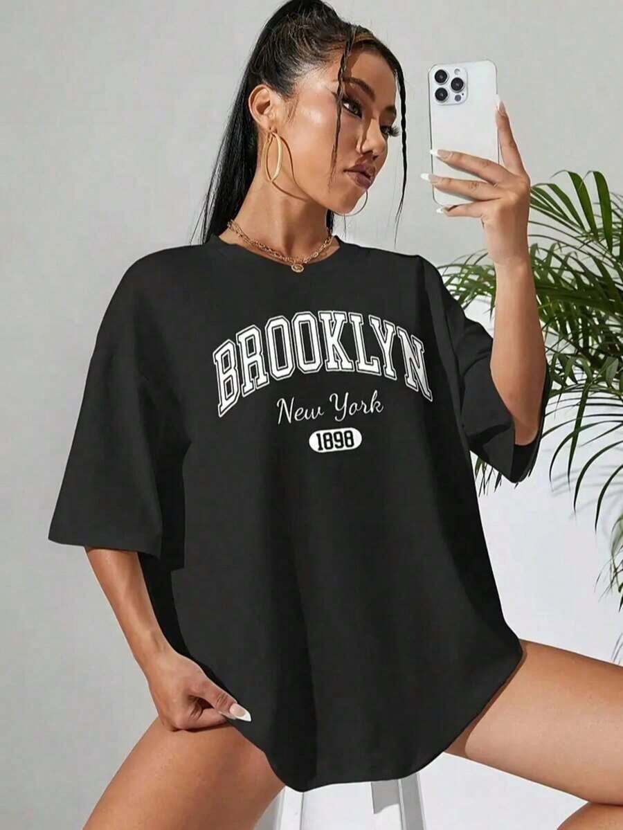 1 Pc New Women's Autumn-Winter Short-Sleeved Round Neck T-Shirt, 100% Cotton, Loose Fit, Casual And Versatile Style With A Modern Print, Ideal As A Basic Garment. 180g 100% Cotton - 1 - 查看 1