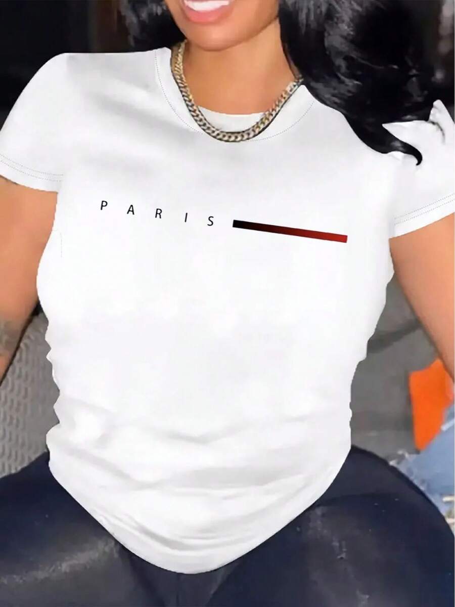 1 camiseta de mujer con la bandera de París, cuello redondo cómodo, manga corta de mezcla de algodón casual, top suave y transpirable, ropa de mujer, camiseta para verano y primavera, ropa urbana, estampado de letras a la moda, 180g 100% algodón. - Blanco - Ver 1