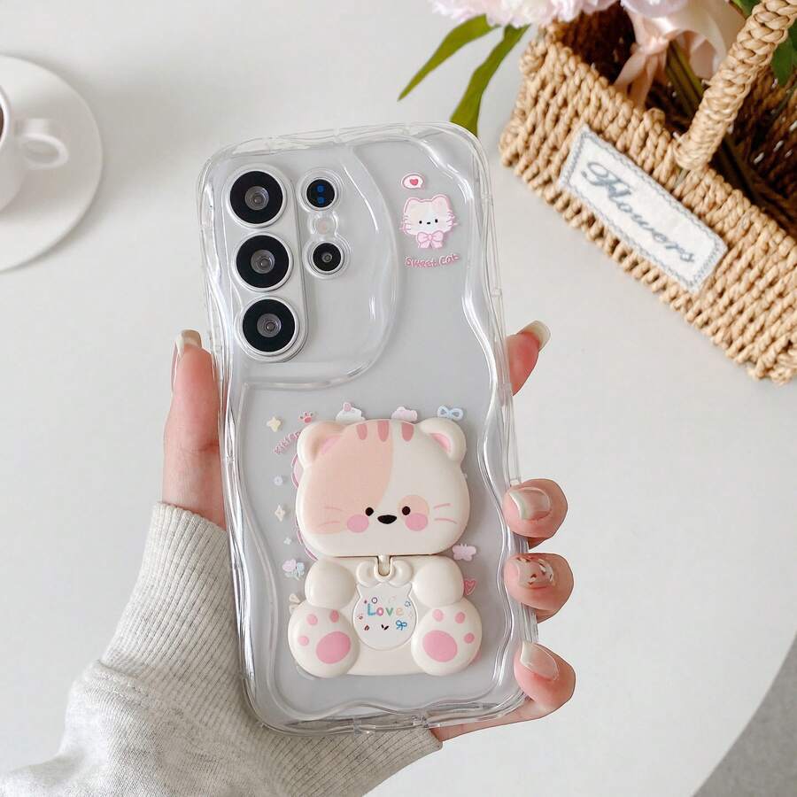 Ốp lưng điện thoại hình mèo dễ thương có gương xoay, chất liệu mềm mại, màu kem, chống rơi vỡ, hình dáng bất đối xứng, tương thích với iPhone 17 Pro Max/16/15/14/13/12/11 [Phiên bản quốc tế, không phải phiên bản nội địa], S26U/S25/S24/S23/S22/A57/37/56/36/26/27/17/16/15, Note 20 Ultra, RYX5/X6/X7X/8/X9, MT, Transsion - Trong sáng - Xem 1