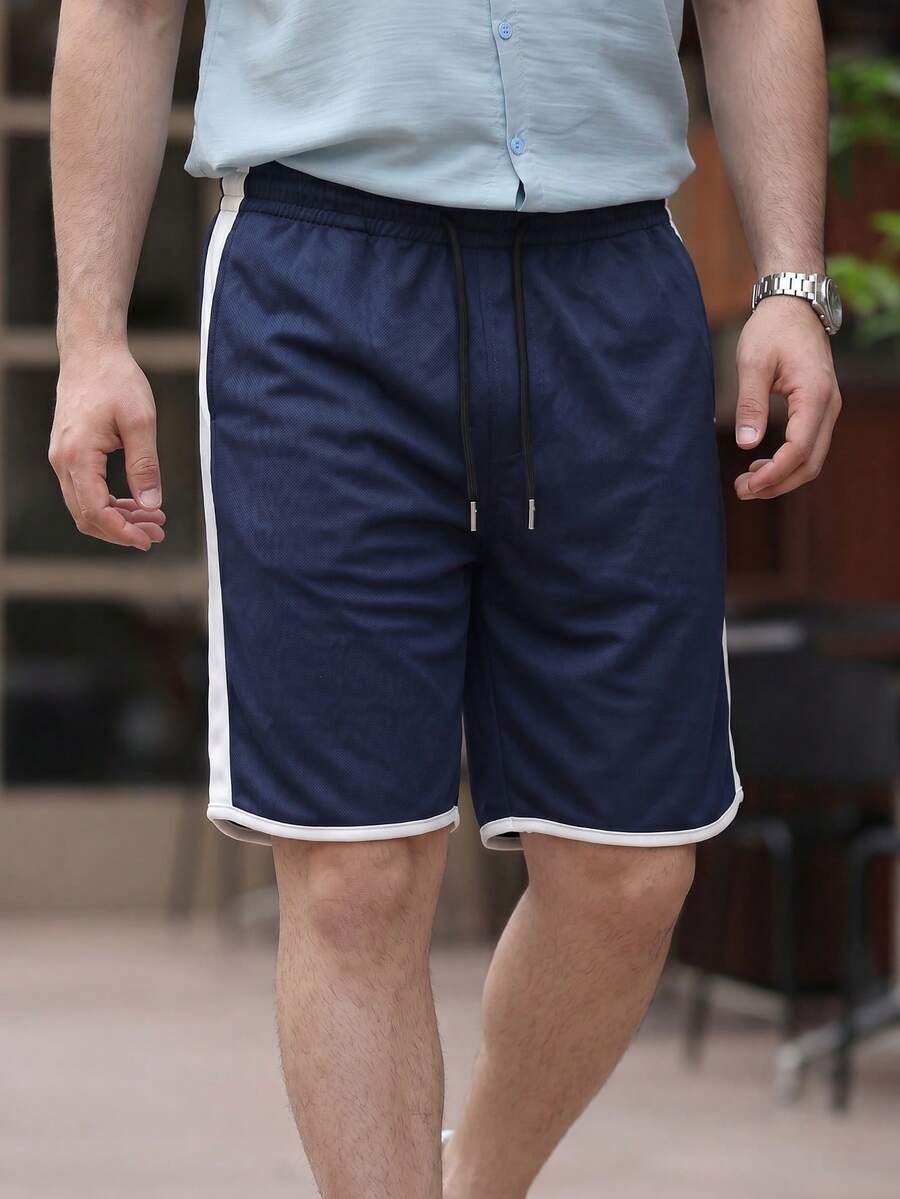男士海军蓝侧条纹针织运动短裤，透气抽绳，美式复古篮球风宽松直筒及膝裤，夏季休闲运动短裤 - 藏蓝色 - 查看 1