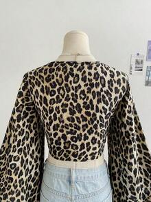 Conjunto de Verano para Mujer , Blusa Casual de Vacaciones con Lazo Frontal, Manga Acampanada, Puño con Volantes y Estampado de Leopardo - Multicolor 2 - Ver 8