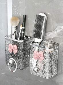 1pc Bowknot Bathroom Storage Rack - Wall Mounted, Plastic Toothbrush And Toothpaste Rack, Makeup Brush Storage Box, Makeup Pad Storage Box, Powder Storage Box And Hair Line Storage Box, Self-Adhesive, No Punching Design, Suitable For Accessories Storage, Family Organization Open Storage Box, Glacier Pattern Wall Mounted Storage Box - Multicolor - View 9