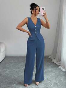 Conjunto de camiseta sin mangas y pantalones elegante para mujer, estilo de oficina y transporte, atuendo de otoño para maestros - Azul lavado oscuro - Ver 5