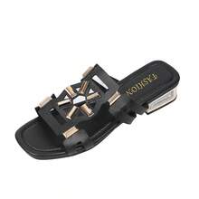 Women's Metallic Glamorous Style Rhinestone Criss-Cross Strap Slide Sandals, Suitable For Party, Holiday, Wedding, Outdoor Wear In Spring/Summer, Square Toe, Low Heel, Slip-On, Open Toe, Shiny - Black 3 - View 12