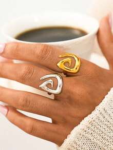 Uself 2pcs/1pc Cincin Wanita Stainless Steel, Cincin Lebar Berlapis Berongga Geometris, Tekstur Logam Tahan Air Minimalis Modis Warna Emas, Cincin untuk Wanita, Cincin Gaya Barat, Cocok untuk Dipakai di Musim Panas, Merek untuk Wanita - MultiWarna - View 2