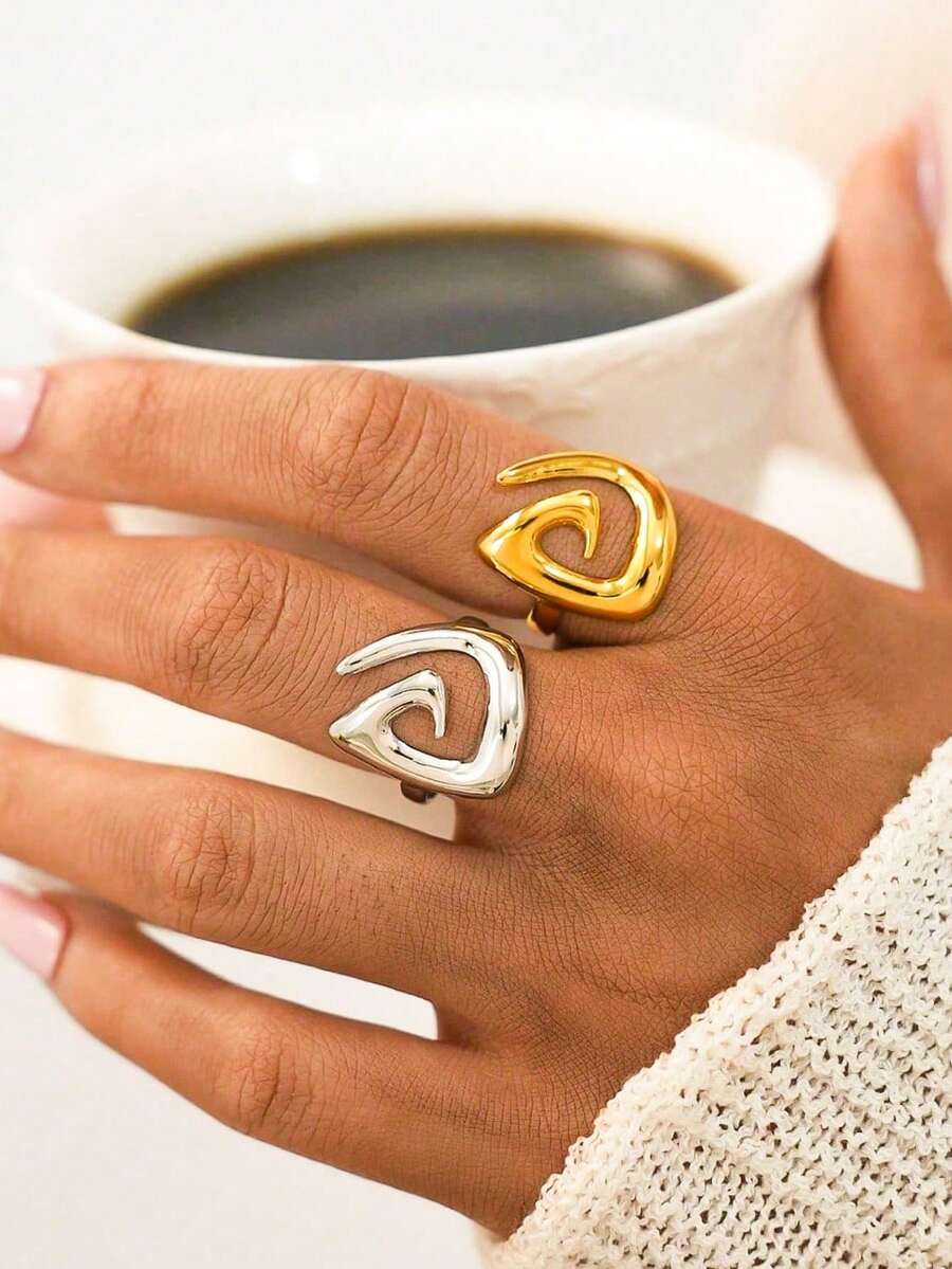 Uself 2pcs/1pc Cincin Wanita Stainless Steel, Cincin Lebar Berlapis Berongga Geometris, Tekstur Logam Tahan Air Minimalis Modis Warna Emas, Cincin untuk Wanita, Cincin Gaya Barat, Cocok untuk Dipakai di Musim Panas, Merek untuk Wanita