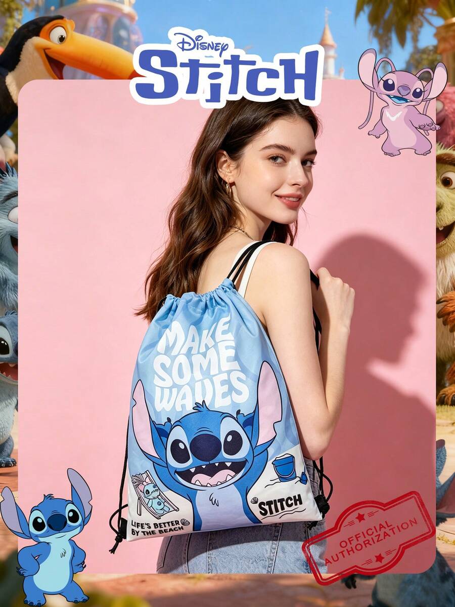 1 Ba lô dây rút in hình Stitch/Thiên thần của Disney, chất liệu nylon nhẹ, thích hợp cho thể thao, du lịch, tập thể dục, phụ kiện thời trang, dành cho bé gái/thiếu niên/trẻ em, đi học, chơi thể thao, du lịch và sử dụng hàng ngày. - Nhiều màu - Xem 1