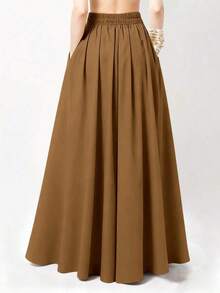 Falda larga casual de unicolor con bolsillos laterales, primavera negro - Camel - Ver 2