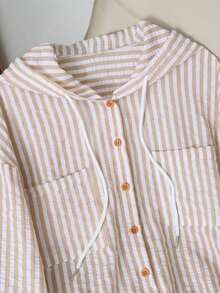 Camisa con capucha holgada con cordón de rayas azules y blancas para mujer, nueva para primavera/otoño - Caqui - Ver 3