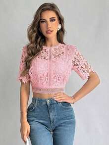 Camiseta de verano para mujer de encaje transparente con camisa, top de manga corta - Rosa vieja - Ver 4