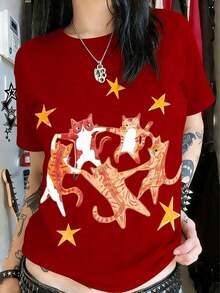 GiftCamiseta de Verano Estilo Y2K Nueva Hip-Hop con Estampado de Gato Bailando y Estrella, Camiseta Retro Unisex, Fresca, Versátil, Cómoda y Holgada de Manga Corta de Verano 2P7USoft - Rojo - Ver 3