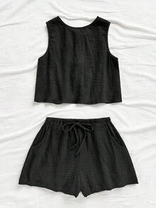 Top sin espalda con textura y lazo, holgado y casual para vacaciones, shorts casuales con elástico en la cintura y bolsillos, para playa y mar - Negro - Ver 4