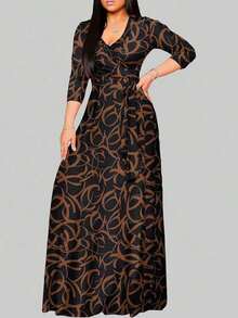 2026 Vestido azul ligero de mujer con cuello en V y cintura ceñida, elegante para primavera/verano - Café integral - Ver 6