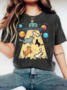Camiseta de mujer de manga corta, cuello redondo, estilo casual con patrón interesante - Estilo de gato secuestrado por extraterrestres - Alta elasticidad, cómoda y ajuste regular, adecuada para uso en verano - Multicolor - Ver 6