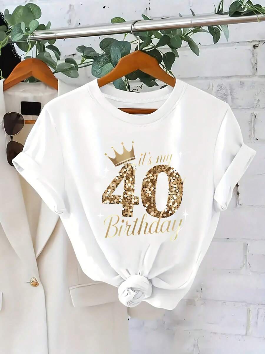 Women's T-Shirt With 'It's My 40th Birthday' Print, Graphic Design T-Shirt With Gold And Sparkling Numbers, Stylish Casual Top For Women And Celebrations - 白色 - 查看 1