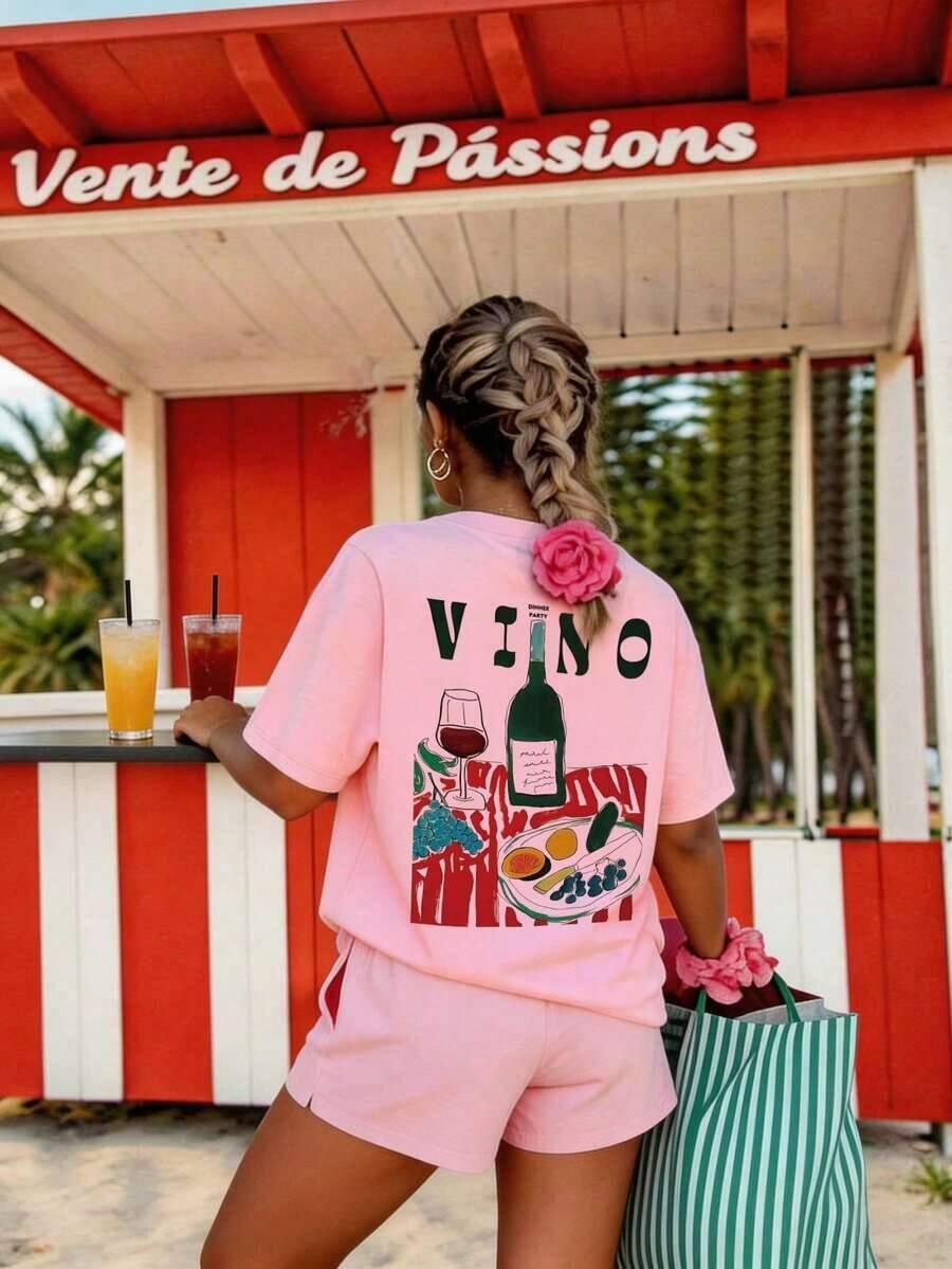 Camiseta gráfica para mujer, camiseta de manga corta de estilo casual y urbano, top de verano lindo - Rosa - Ver 1