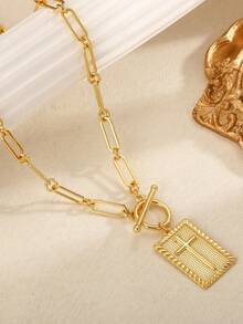 1-Piece Gold And Silver Cross Pendant Necklace For Women, Toggle Clasp Rectangle Cross Charm Necklace, Dainty Paperclip Chain Religious Jewelry Gift For Christian Faith, Baptism, First Communion, Zinc Alloy Material - Multicolor - View 4