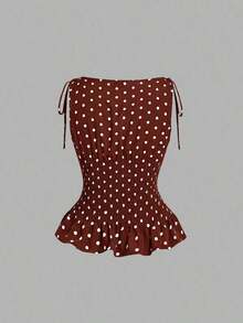 Conjunto de 2 piezas de top sin mangas y shorts con estampado de lunares en contraste para mujer - Marrón - Ver 8