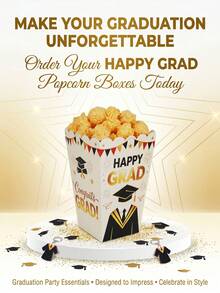 Cajas plegables de papel para palomitas de maíz, dulces y aperitivos con diseño de felicitaciones de graduación en negro y dorado para decoración de mesa de fiesta de graduación de escuela secundaria y universidad - Edición de graduación - Ver 7