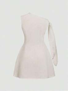 Vestido corto minimalista de mujer de unicolor elegante con hombros con lazo y sin mangas, de verano en colores claros - Gris Oscuro - Ver 9