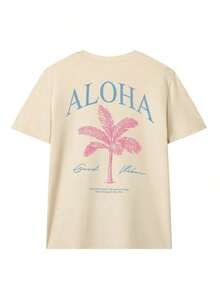 Camiseta de manga corta con cuello redondo y estampado de palmeras para mujer, estilo casual y moderno, tu prenda esencial diaria.Camiseta con Estampado, Tops para Mujer, Vacaciones de Verano - Albaricoque - Ver 3