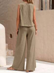 Faunlyn Top tank unicolor & Pantalones de pierna ancha - Caqui - Ver 2