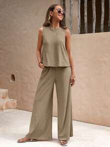Faunlyn Top tank unicolor & Pantalones de pierna ancha - Caqui - Ver 4