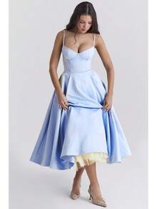 Vestido midi de satén con escote de corazón, vestido de graduación con tirantes finos y vuelo con bolsillos para bodas y eventos formales - azul claro - Ver 5