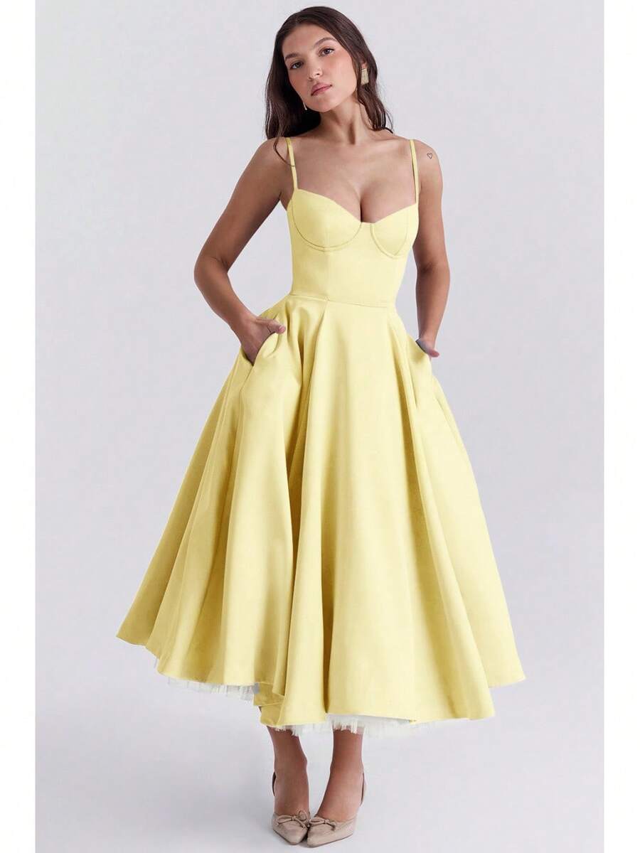 Vestido midi de satén con escote de corazón, vestido de graduación con tirantes finos y vuelo con bolsillos para bodas y eventos formales - Amarillo - Ver 1