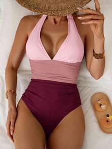 Traje de baño de una pieza con control de abdomen, estilo minimalista de unicolor, con escote halter y espalda descubierta, para vacaciones de verano en la playa - Multicolor 3 - Ver 5