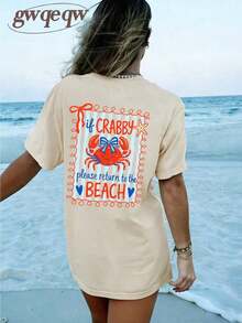 Camiseta con estampado de cangrejo de doble cara "If Crabby Please Return To The Beach", camisetas con estampado estético costero para mujer, conjuntos de verano para mujer, conjuntos de vacaciones para mujer, ropa casual de calle, estética retro de playa, tops de estilo playero, camisetas gráficas de gran tamaño - Camiseta unisex de algodón suelto de manga corta y cuello redondo estilo vintage. - Blanco - Ver 8