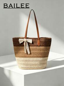 BAILEE Una borsa a tracolla estiva alla moda e casual, con tema vacanziero, progettata con un fiocco decorativo a tre colori in contrasto. Realizzata in materiale PU, con capacità sufficiente per contenere creme solari, abbigliamento, laptop/tablet, cappelli da sole e altri articoli. Può essere portata a mano o a spalla, molto adatta per uscite quotidiane, shopping rilassante, vacanze al mare e un regalo ideale per famiglia, amici o i propri cari. - Multicolore - Visualizzare 3