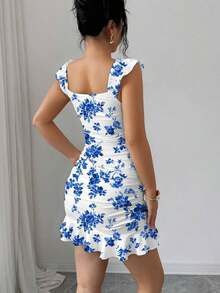 Vestido camisero con volantes en el bajo y hombros descubiertos, estilo vintage con estampado - Vestido entallado de línea A - Azul - Ver 2