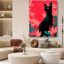 Enmarcado  plano 2D de 1 pieza: Elegante gato negro con ojos rojos sobre fondo rojo y verde vibrante - Lienzo decorativo con marco de , diseño moderno vintage, póster impreso de alta calidad para la decoración del hogar, oficina, sala de estar, dormitorio, cocina, baño,  para dormitorio | Arte moderno vintage | Lienzo envuelto, decoración de gatos - Enmarcado - Ver 2