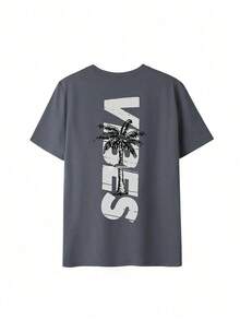 Women's Short-Sleeved T-Shirt With A Round Neck, Featuring A Minimalist Coconut Tree Print And Slogan. Simple And Versatile, Suitable For Everyday Wear And Vacations. Graphic T-Shirt, Women's, White, Black, Pink, Summer - 深灰色 - 查看 3