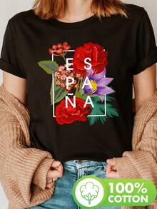 Floral Print T-Shirt From Spain, Casual Short-Sleeved Round Neck Top For Summer And Spring, Women's Clothing, Women's T-Shirts, Shirt Women, Mexico - 黑色 - 查看 2