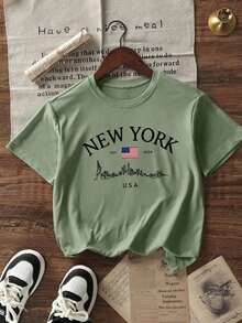 Camiseta de mujer de verano de ajuste holgado con cuello redondo y manga corta, con estampado de eslogan simple, estilo casual de vacaciones. Blusa de moda apta para uso diario y de vacaciones. - Verde - Ver 4
