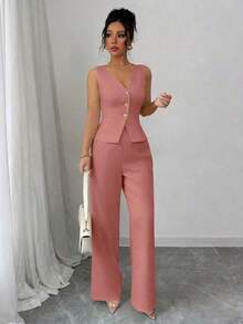 Conjunto de camiseta sin mangas y pantalones elegante para mujer, estilo de oficina y transporte, atuendo de otoño para maestros - Rosa - Ver 4