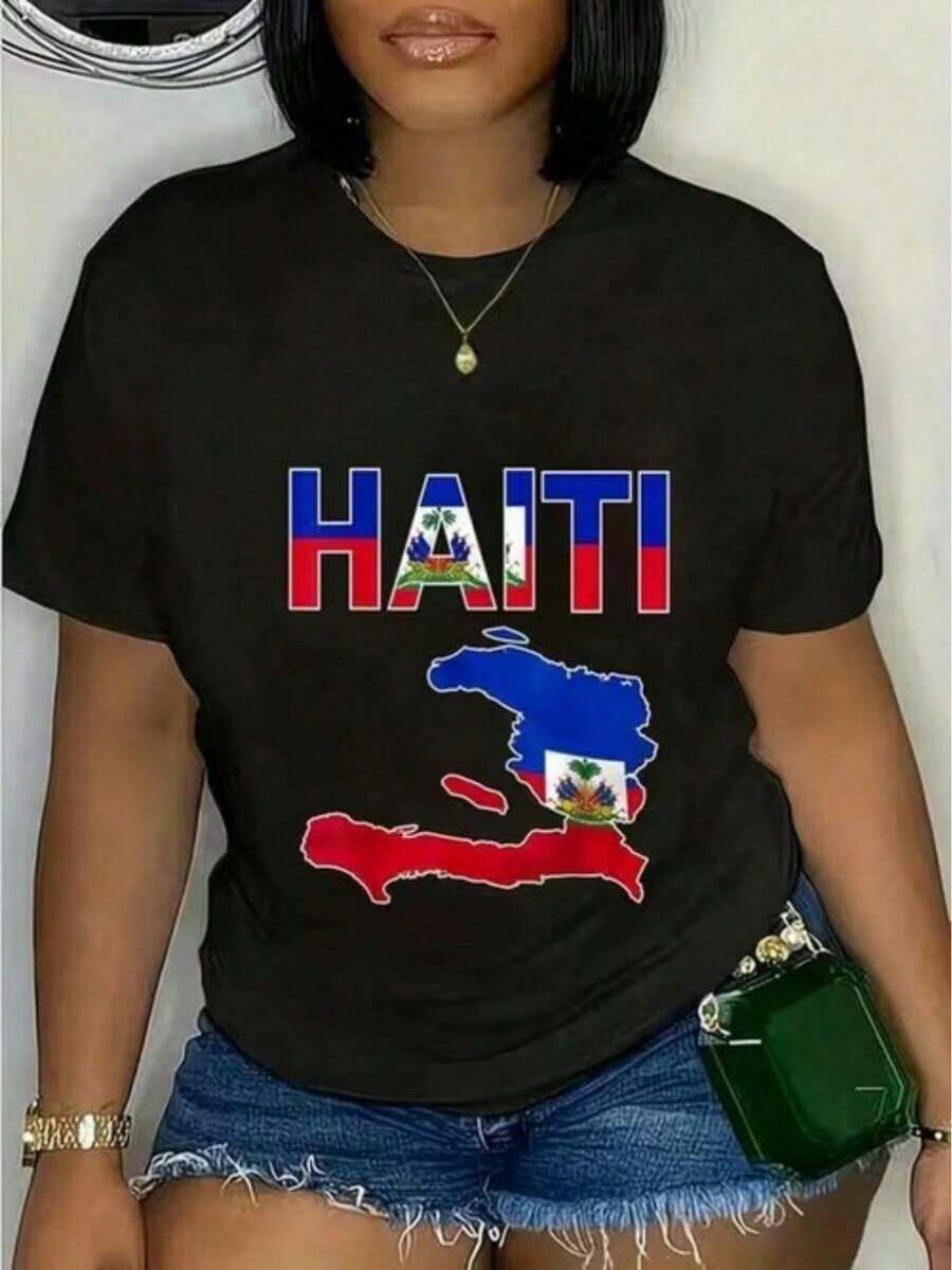 Ropa de mujer de moda de talla grande con estampado de la bandera de Haití y diseño tipográfico, camiseta casual de manga corta para uso diario, deportivo y de vacaciones, transpirable y cómoda. - A-101 - Ver 1