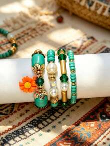 4pcs Bohemian Style Daisy Beaded Bracelets, Multi-Layer Stacking Bracelets For Women, Summer Vacation Ins Mori Style Jewelry - Bohemia - View 7