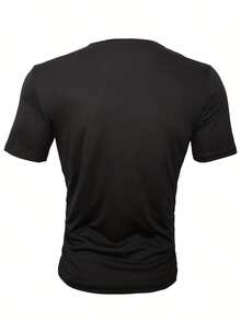 Camiseta Casual de Manga Corta para Hombre - Cuello Redondo, Tejido Suave de Poliéster, Diseño de Líneas Negras Geométricas, Estilo Veraniego para Atuendo Casual - Negro - Ver 2