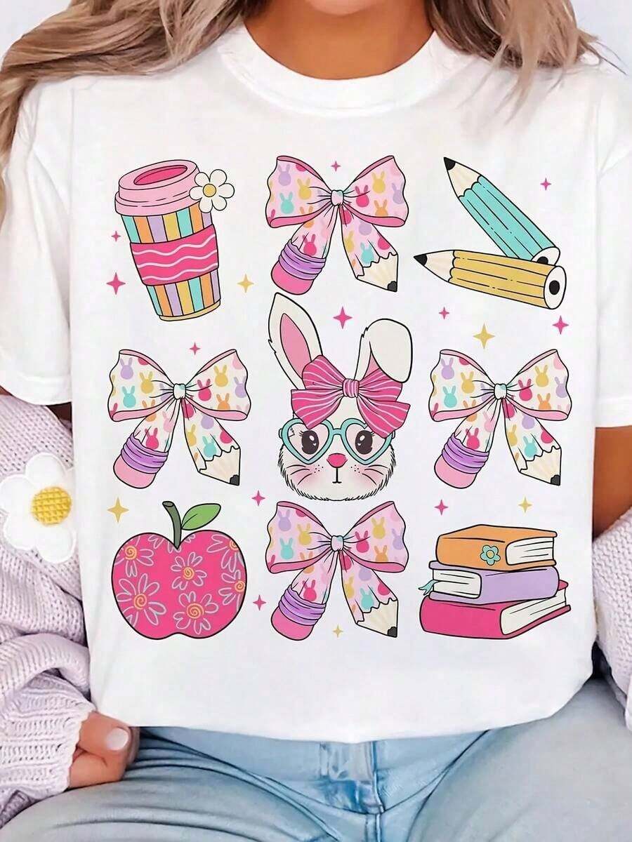 1 pieza de camiseta para mujer con diseño de conejo y manzana. |   Blusa Blanca Retro de Manga Corta Holgada con Lazo Rosa y Estampado de Lápiz, Adecuada para Pascua, Primavera, Verano y Otoño, Ropa Casual para Maestras, 180g 100% Algodón - Blanco - Ver 1
