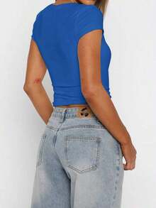 Blusa ajustada y sexy de punto para mujer , camiseta casual de cuello cuadrado de unicolor, primavera/verano - azul real - Ver 2