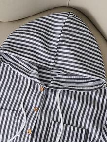 Camisa con capucha holgada con cordón de rayas azules y blancas para mujer, nueva para primavera/otoño - Blanco y Negro - Ver 4