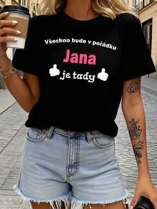 Camiseta Y2K Czech "Všechno bude v pořádku Jana je tady" de energía positiva - Camiseta estampada con la frase "Todo estará bien" para mujer, camiseta casual de manga corta y cuello redondo para primavera/verano, uso diario casual, regalo para vacaciones, estampado gráfico, ropa de calle de verano. - Negro - Ver 9